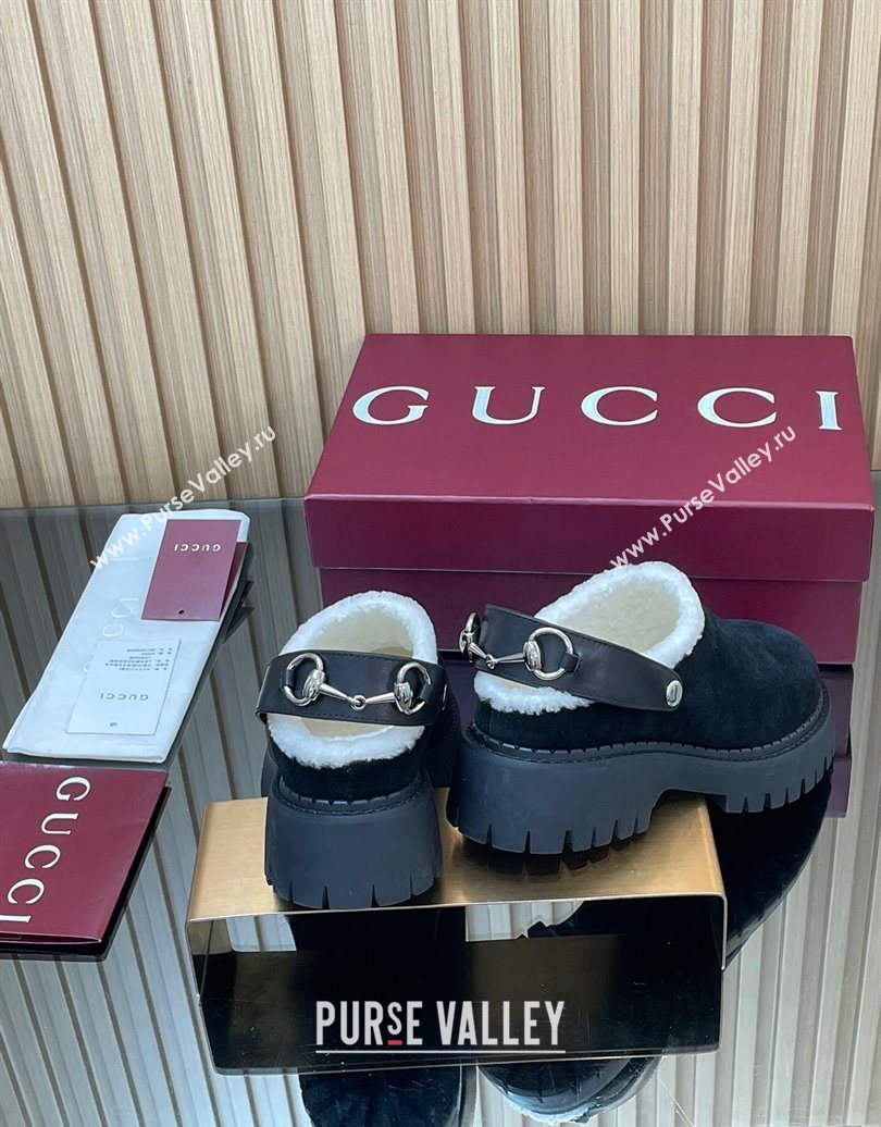 Gucci Suede and Wool Mule with Horsebit 835829 Black 2025 (MD-251020049)