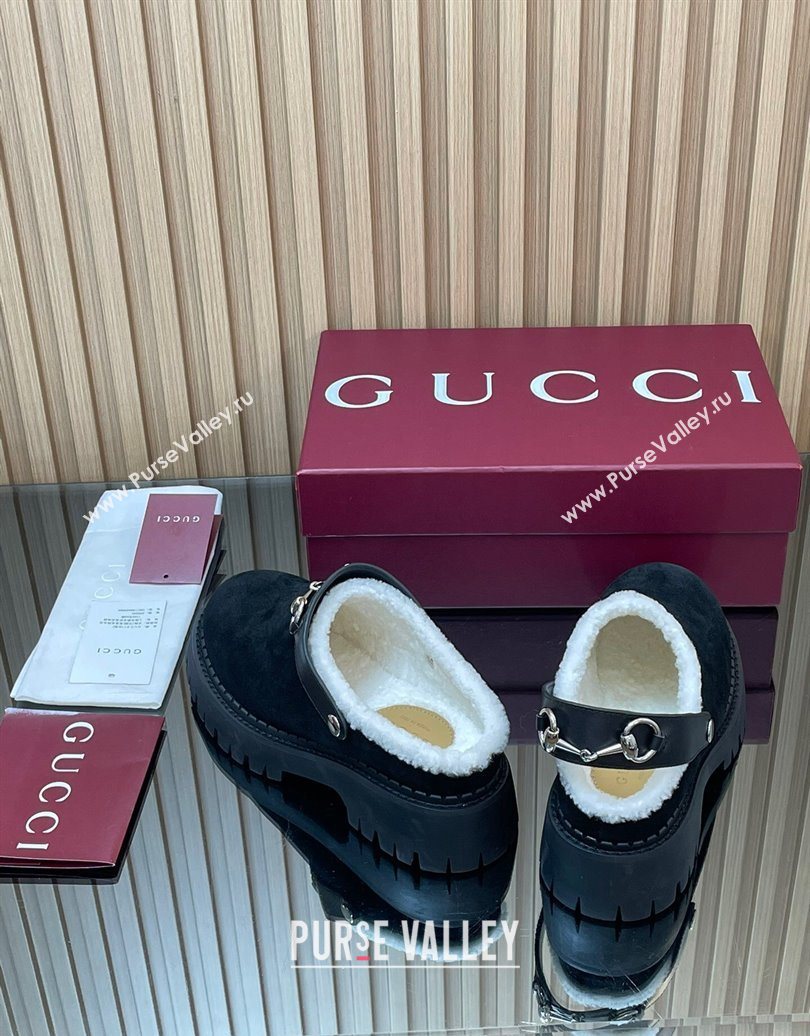 Gucci Suede and Wool Mule with Horsebit 835829 Black 2025 (MD-251020049)