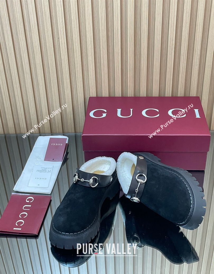 Gucci Suede and Wool Mule with Horsebit 835829 Black 2025 (MD-251020049)
