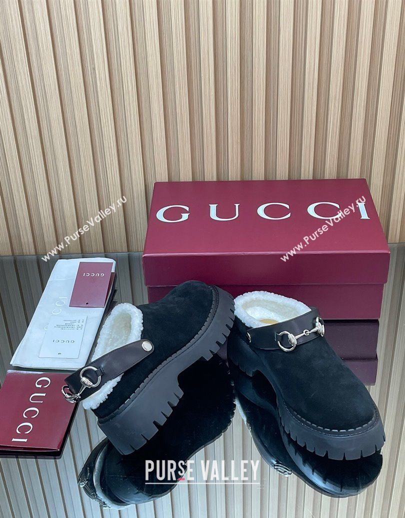 Gucci Suede and Wool Mule with Horsebit 835829 Black 2025 (MD-251020049)