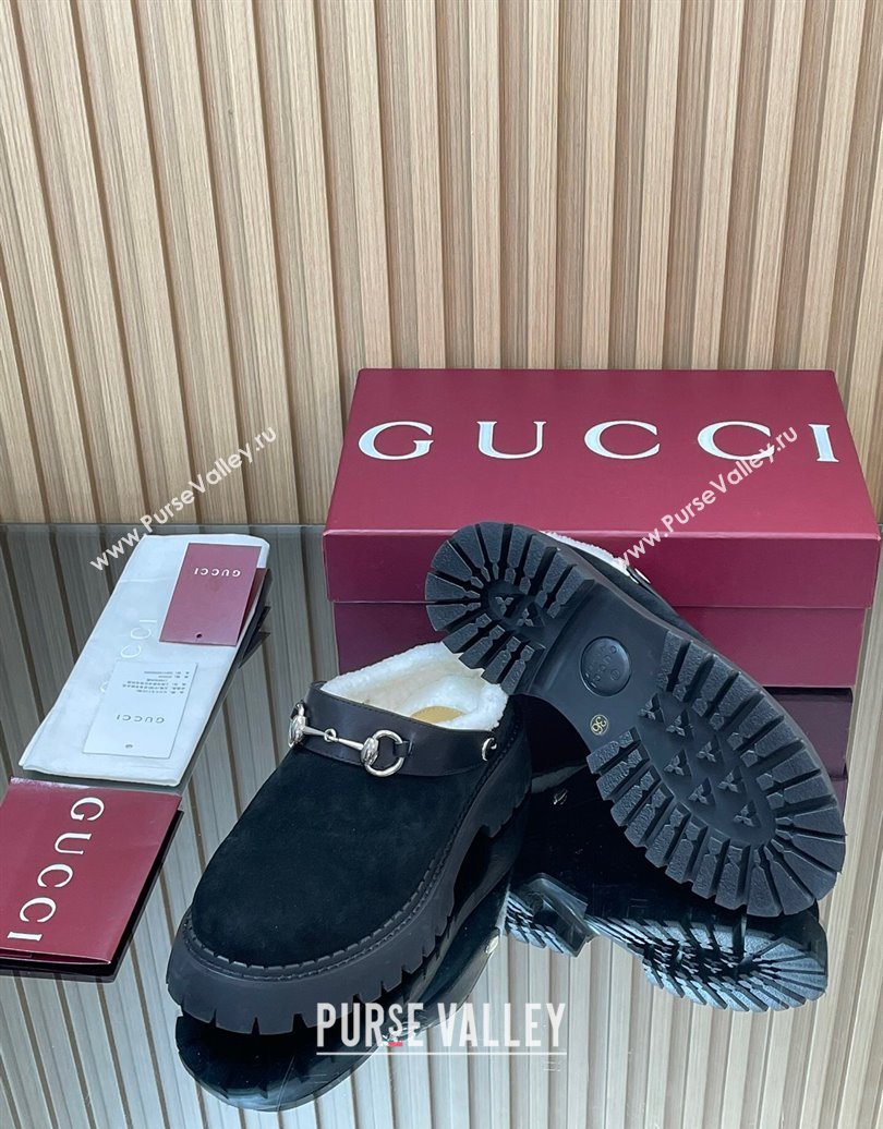 Gucci Suede and Wool Mule with Horsebit 835829 Black 2025 (MD-251020049)