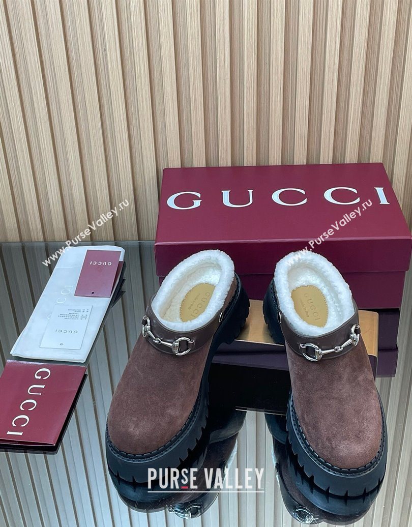 Gucci Suede and Wool Mule with Horsebit 835829 Dark Brown 2025 (MD-251020050)