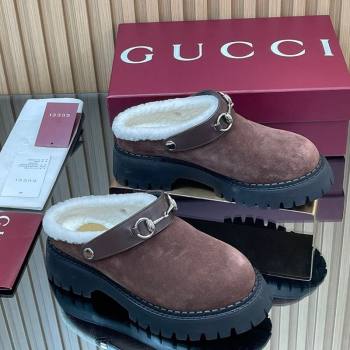 Gucci Suede and Wool Mule with Horsebit 835829 Dark Brown 2025 (MD-251020050)