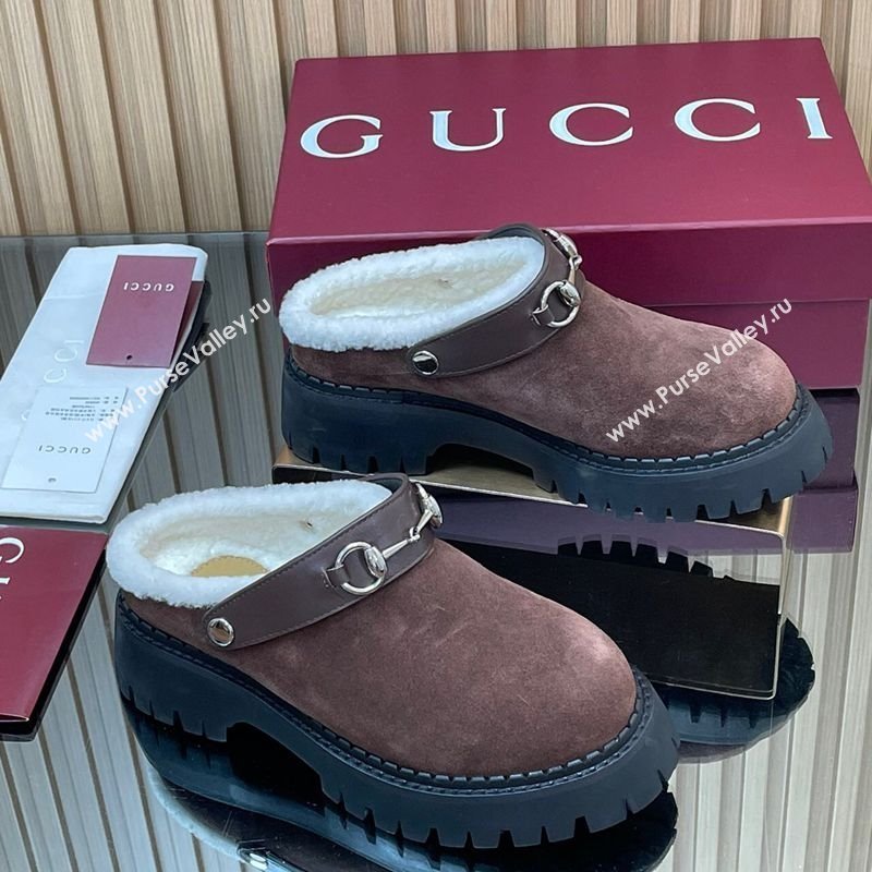 Gucci Suede and Wool Mule with Horsebit 835829 Dark Brown 2025 (MD-251020050)