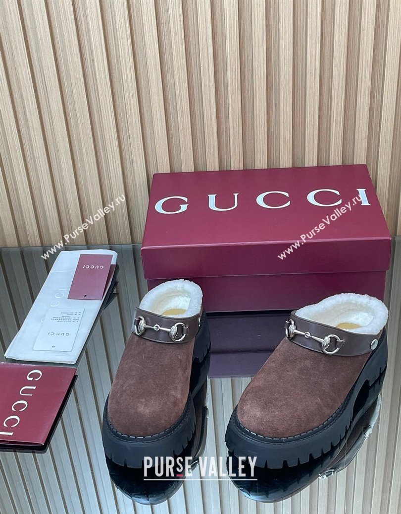 Gucci Suede and Wool Mule with Horsebit 835829 Dark Brown 2025 (MD-251020050)