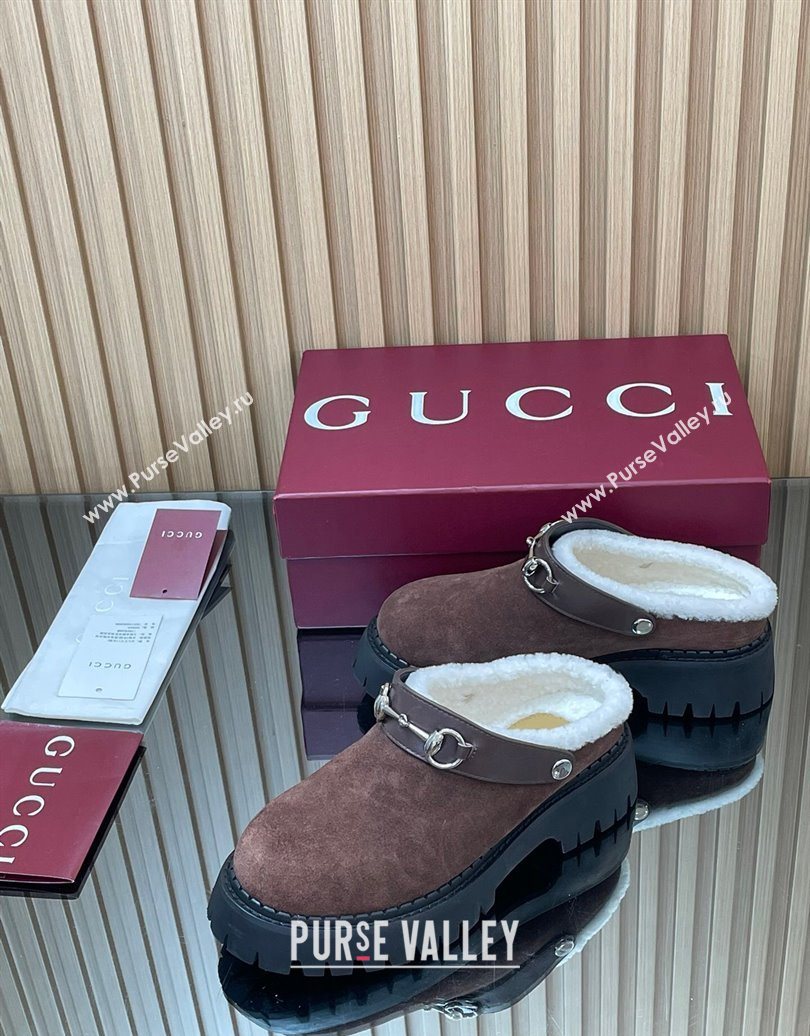 Gucci Suede and Wool Mule with Horsebit 835829 Dark Brown 2025 (MD-251020050)