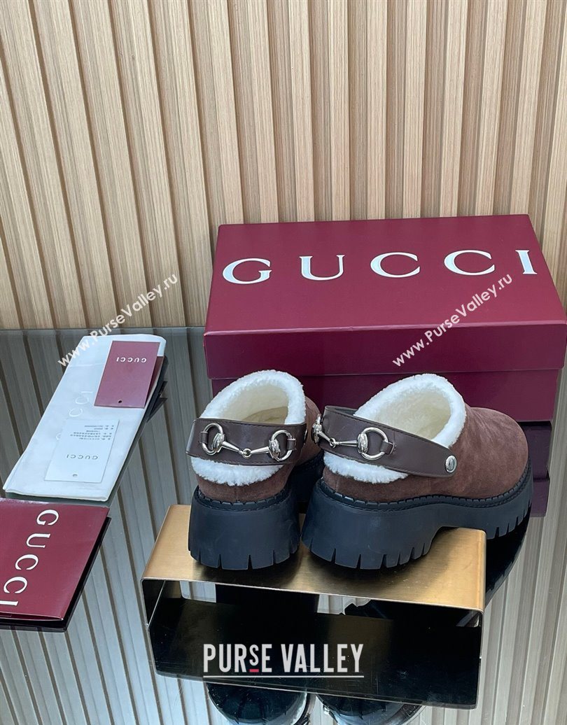 Gucci Suede and Wool Mule with Horsebit 835829 Dark Brown 2025 (MD-251020050)