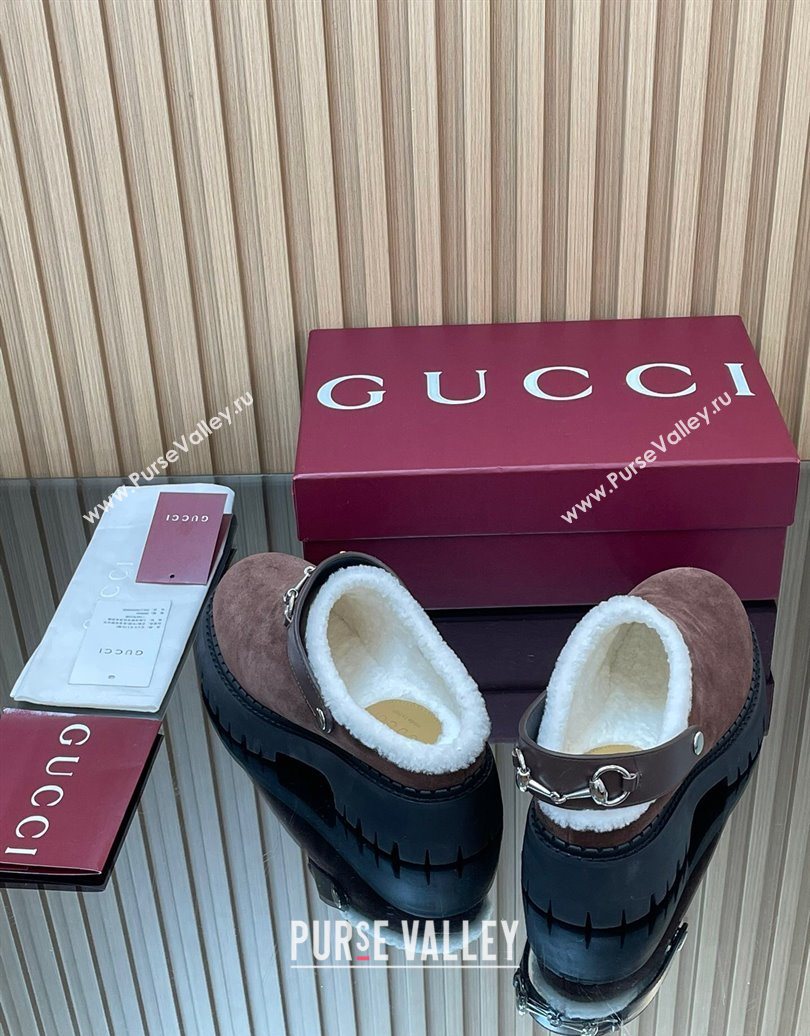 Gucci Suede and Wool Mule with Horsebit 835829 Dark Brown 2025 (MD-251020050)