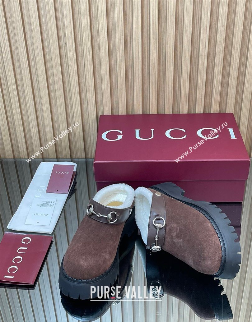 Gucci Suede and Wool Mule with Horsebit 835829 Dark Brown 2025 (MD-251020050)