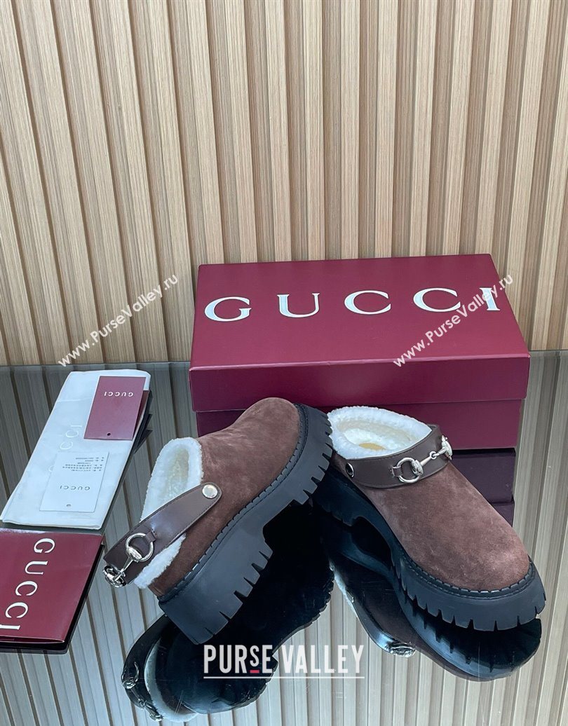 Gucci Suede and Wool Mule with Horsebit 835829 Dark Brown 2025 (MD-251020050)