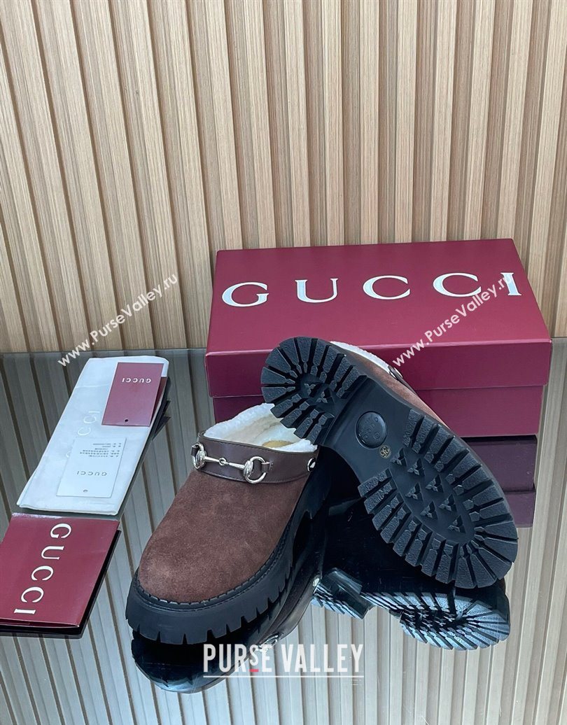 Gucci Suede and Wool Mule with Horsebit 835829 Dark Brown 2025 (MD-251020050)