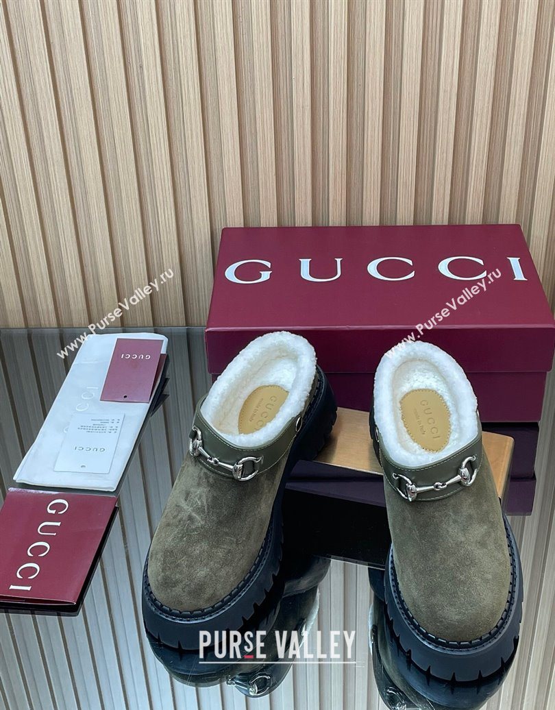 Gucci Suede and Wool Mule with Horsebit 835829 Green 2025 (MD-251020051)