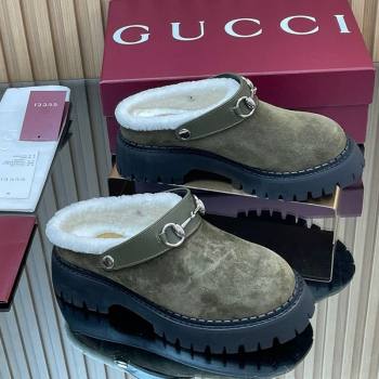 Gucci Suede and Wool Mule with Horsebit 835829 Green 2025 (MD-251020051)