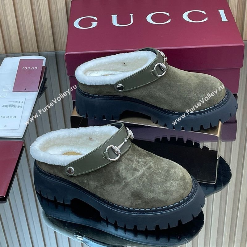 Gucci Suede and Wool Mule with Horsebit 835829 Green 2025 (MD-251020051)