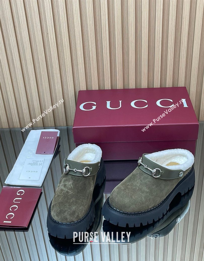 Gucci Suede and Wool Mule with Horsebit 835829 Green 2025 (MD-251020051)