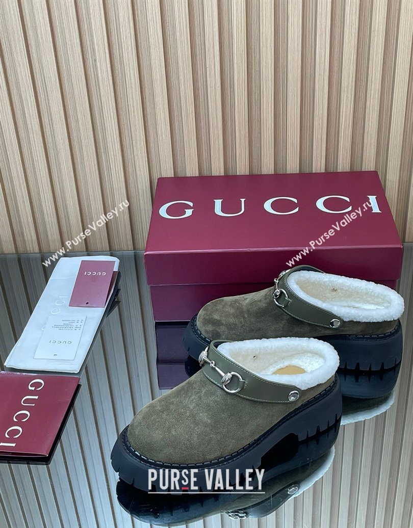 Gucci Suede and Wool Mule with Horsebit 835829 Green 2025 (MD-251020051)
