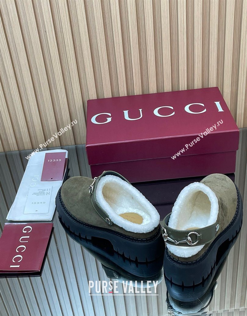 Gucci Suede and Wool Mule with Horsebit 835829 Green 2025 (MD-251020051)