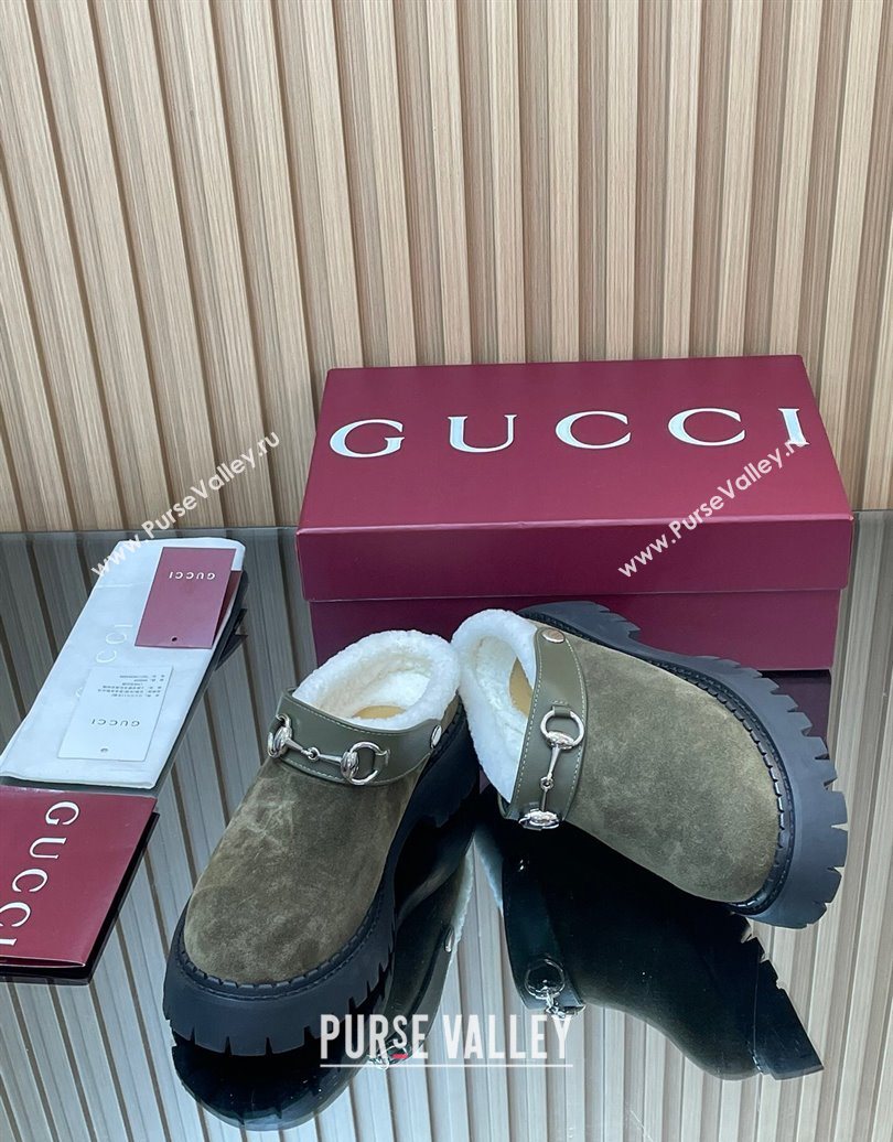 Gucci Suede and Wool Mule with Horsebit 835829 Green 2025 (MD-251020051)