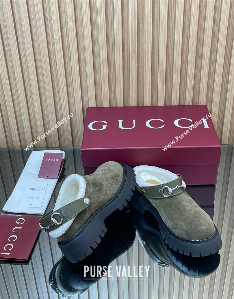 Gucci Suede and Wool Mule with Horsebit 835829 Green 2025 (MD-251020051)
