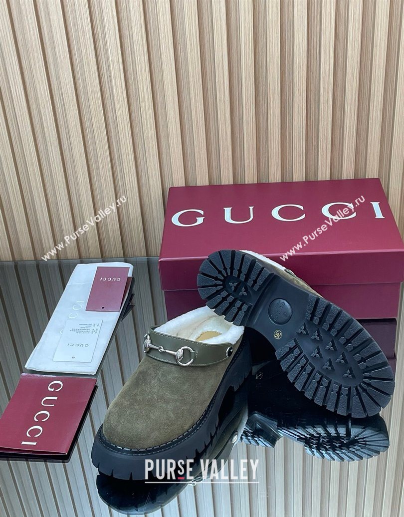 Gucci Suede and Wool Mule with Horsebit 835829 Green 2025 (MD-251020051)