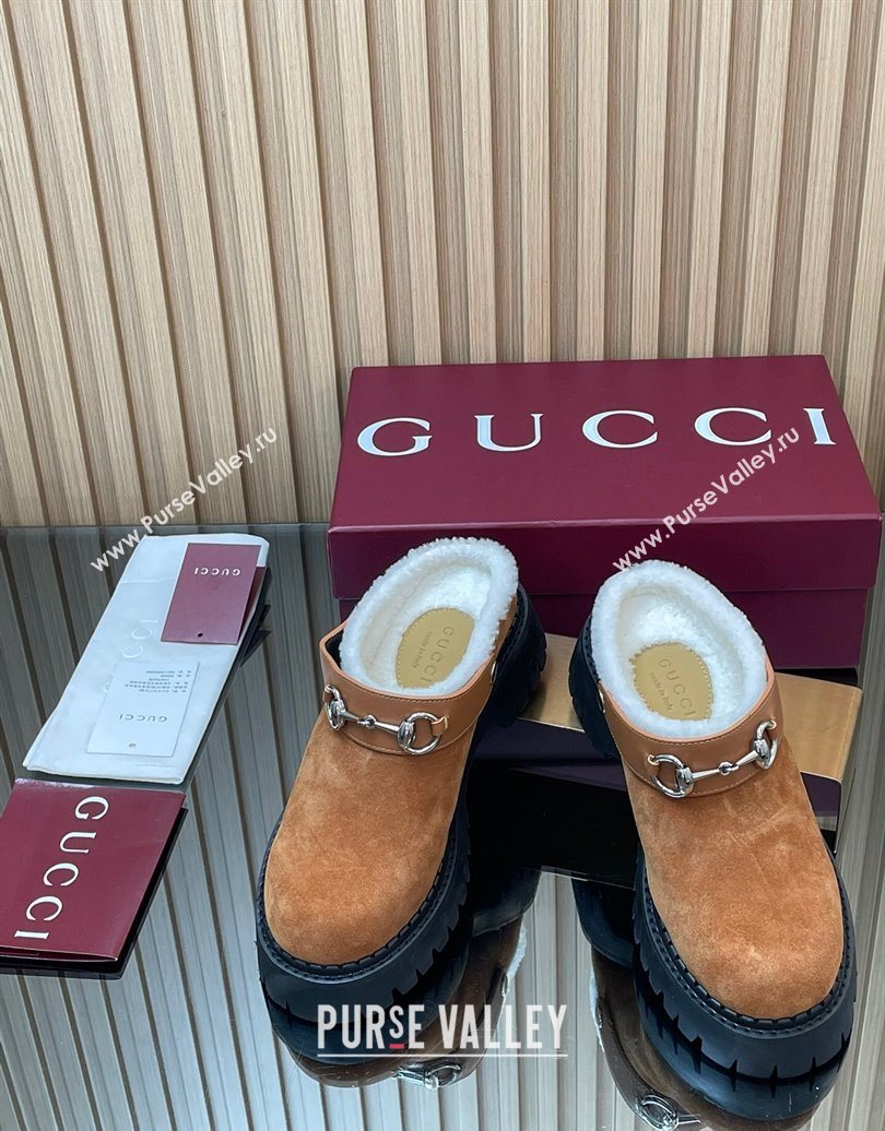 Gucci Suede and Wool Mule with Horsebit 835829 Brown Yellow 2025 (MD-251020052)