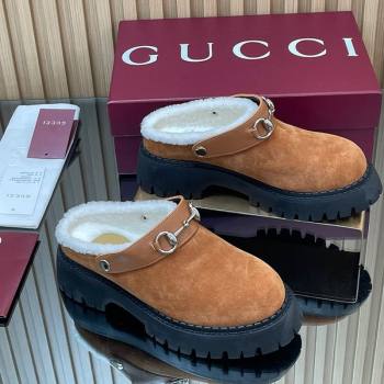 Gucci Suede and Wool Mule with Horsebit 835829 Brown Yellow 2025 (MD-251020052)
