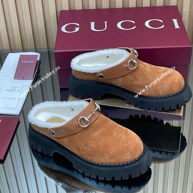 Gucci Suede and Wool Mule with Horsebit 835829 Brown Yellow 2025 (MD-251020052)