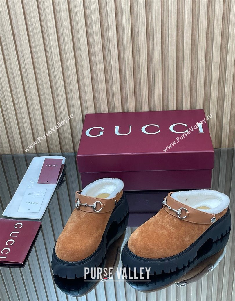 Gucci Suede and Wool Mule with Horsebit 835829 Brown Yellow 2025 (MD-251020052)