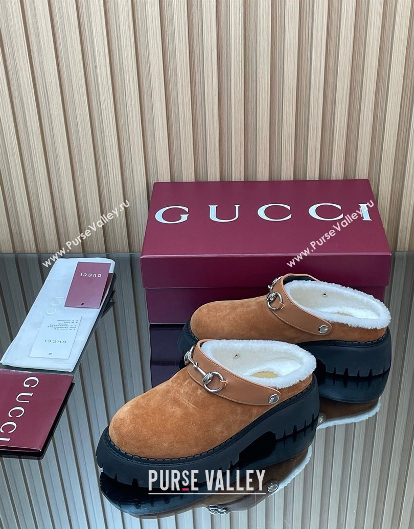Gucci Suede and Wool Mule with Horsebit 835829 Brown Yellow 2025 (MD-251020052)