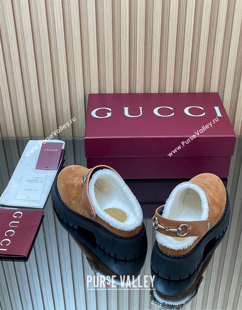 Gucci Suede and Wool Mule with Horsebit 835829 Brown Yellow 2025 (MD-251020052)