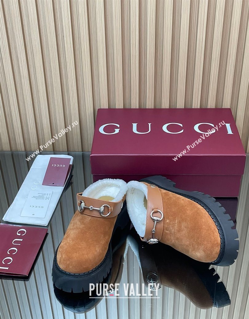 Gucci Suede and Wool Mule with Horsebit 835829 Brown Yellow 2025 (MD-251020052)