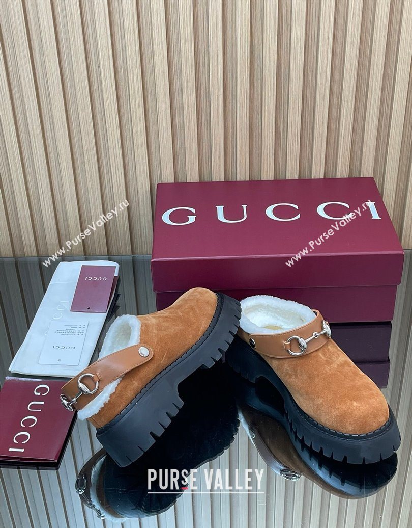Gucci Suede and Wool Mule with Horsebit 835829 Brown Yellow 2025 (MD-251020052)