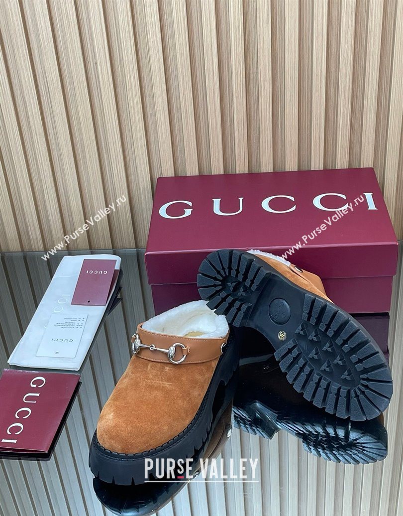 Gucci Suede and Wool Mule with Horsebit 835829 Brown Yellow 2025 (MD-251020052)
