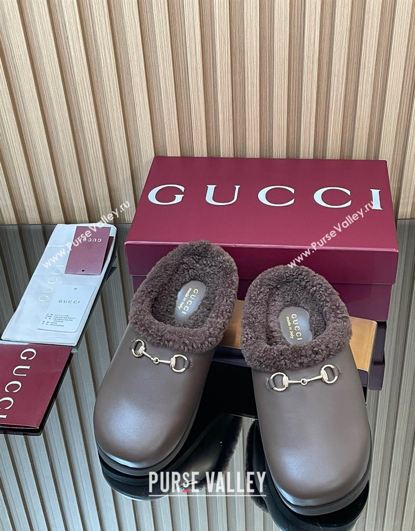 Gucci Leather and Wool Flat Mules with Horsebit Dark Brown 2025 836057 (MD-251020001)