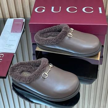 Gucci Leather and Wool Flat Mules with Horsebit Dark Brown 2025 836057 (MD-251020001)