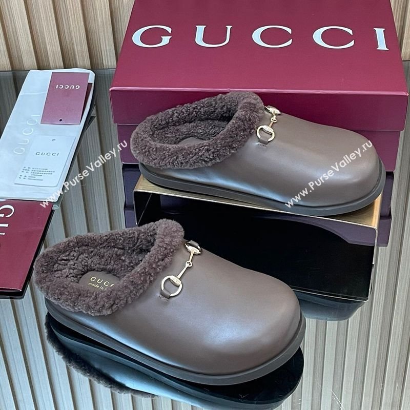 Gucci Leather and Wool Flat Mules with Horsebit Dark Brown 2025 836057 (MD-251020001)