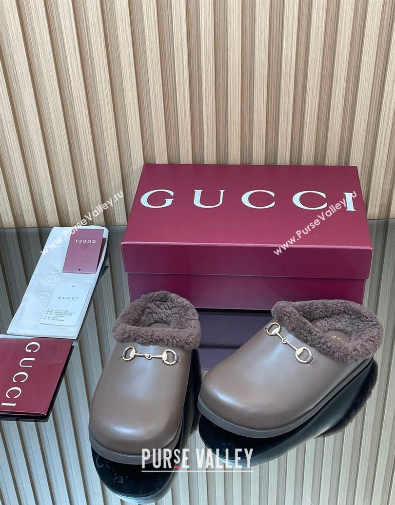 Gucci Leather and Wool Flat Mules with Horsebit Dark Brown 2025 836057 (MD-251020001)