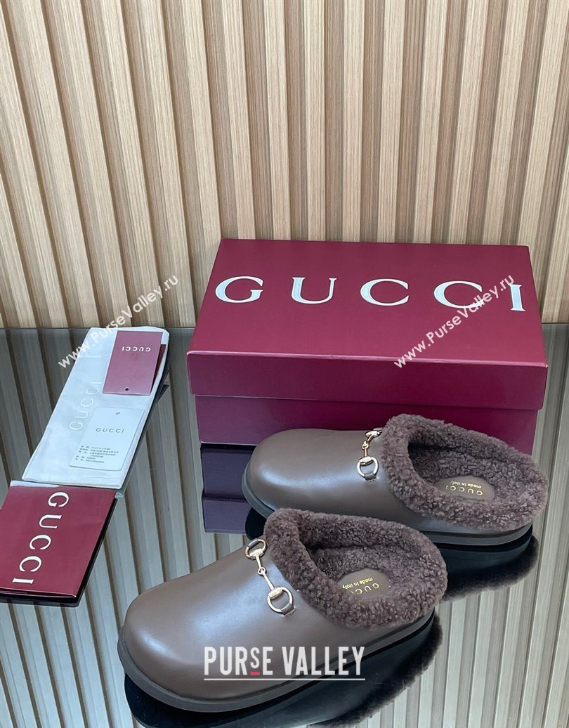 Gucci Leather and Wool Flat Mules with Horsebit Dark Brown 2025 836057 (MD-251020001)
