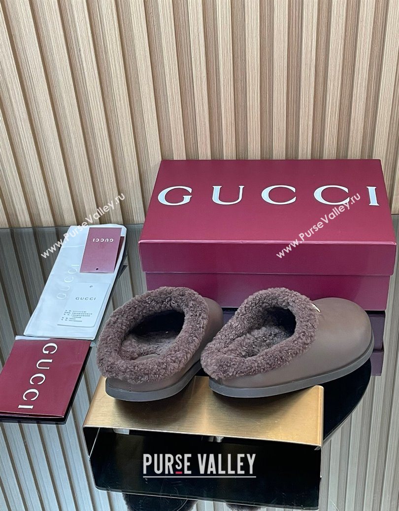 Gucci Leather and Wool Flat Mules with Horsebit Dark Brown 2025 836057 (MD-251020001)