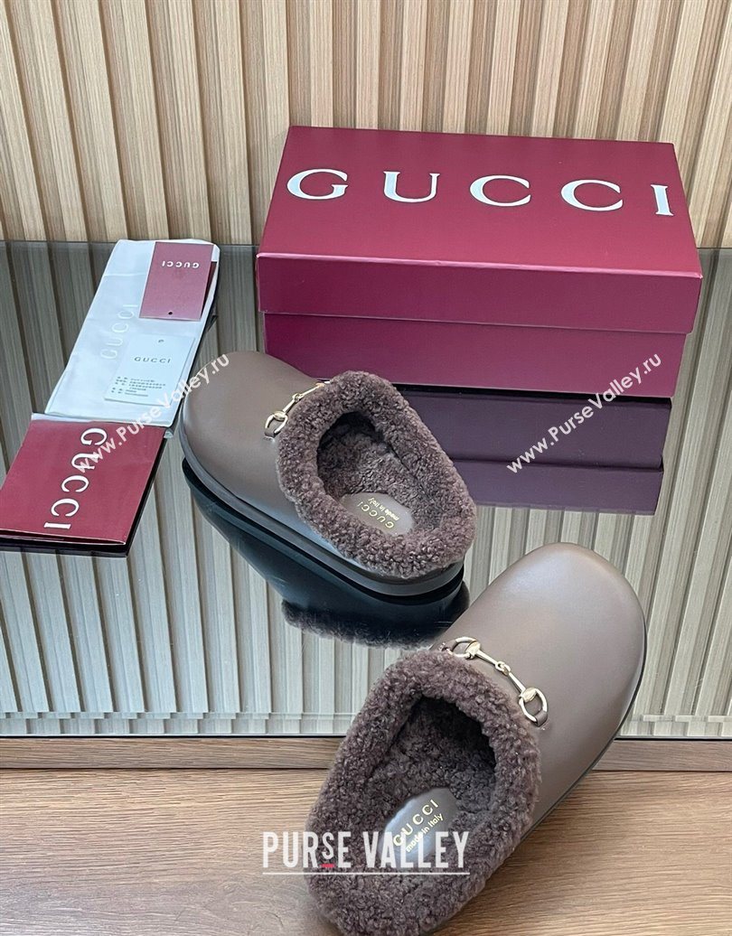 Gucci Leather and Wool Flat Mules with Horsebit Dark Brown 2025 836057 (MD-251020001)