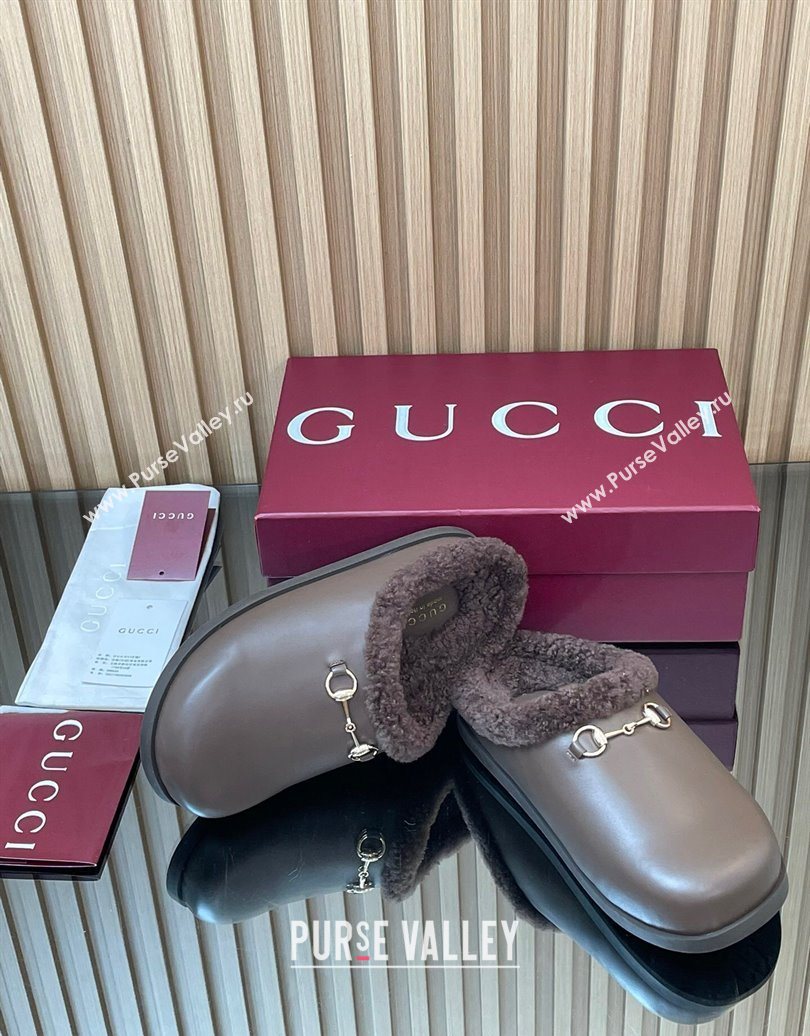 Gucci Leather and Wool Flat Mules with Horsebit Dark Brown 2025 836057 (MD-251020001)