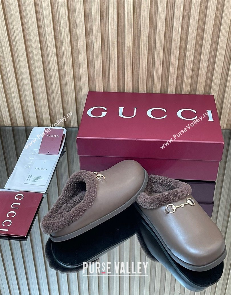 Gucci Leather and Wool Flat Mules with Horsebit Dark Brown 2025 836057 (MD-251020001)