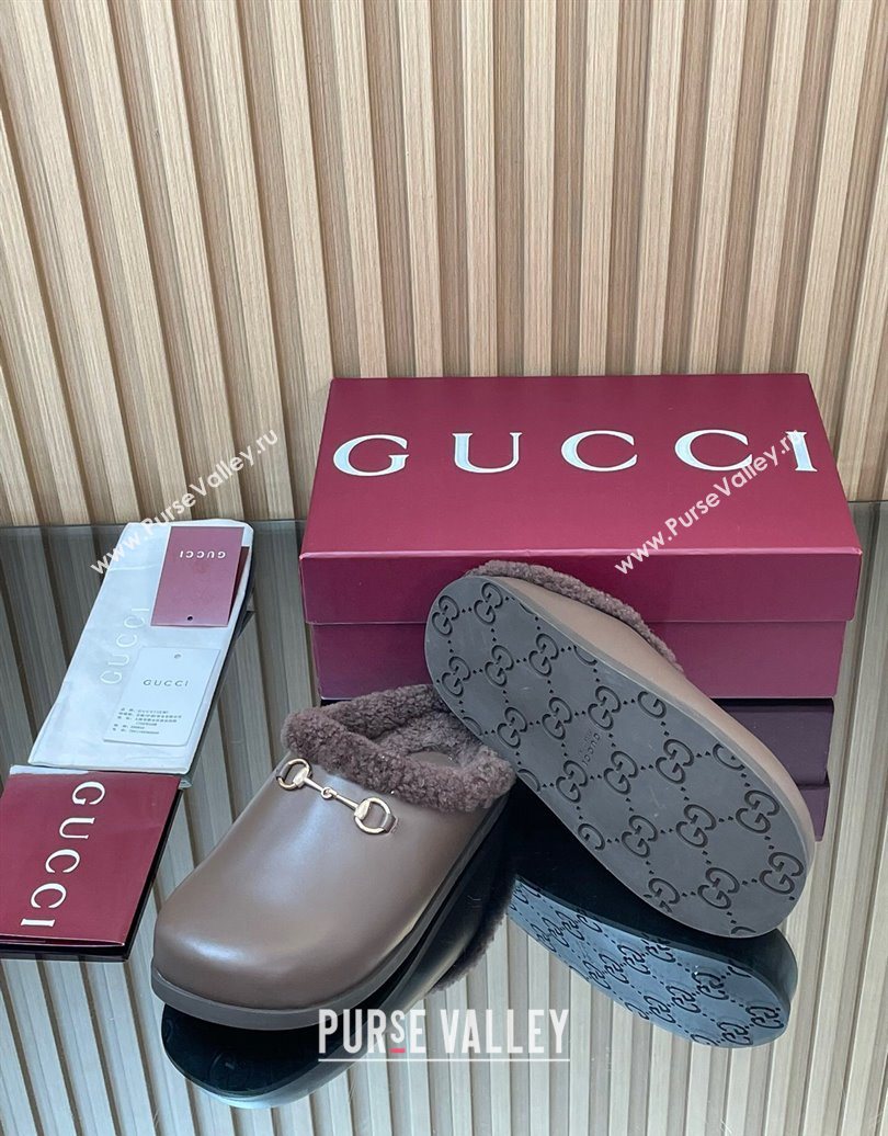 Gucci Leather and Wool Flat Mules with Horsebit Dark Brown 2025 836057 (MD-251020001)