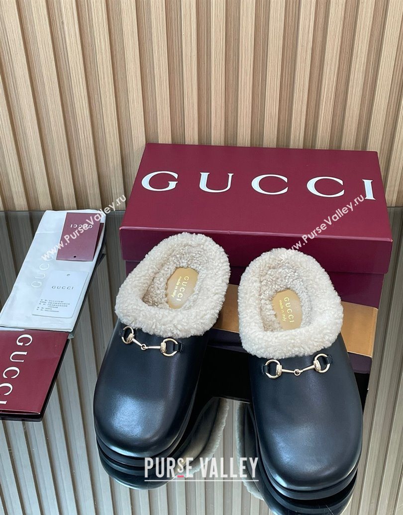 Gucci Leather and Wool Flat Mules with Horsebit Black 2025 836057 (MD-251020002)