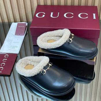 Gucci Leather and Wool Flat Mules with Horsebit Black 2025 836057 (MD-251020002)