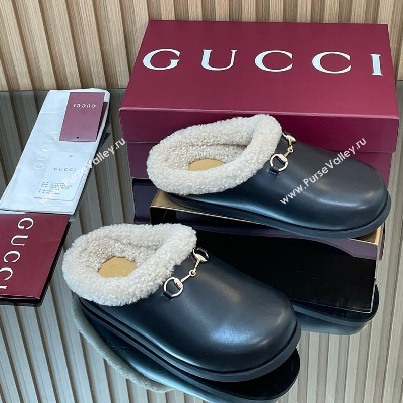 Gucci Leather and Wool Flat Mules with Horsebit Black 2025 836057 (MD-251020002)