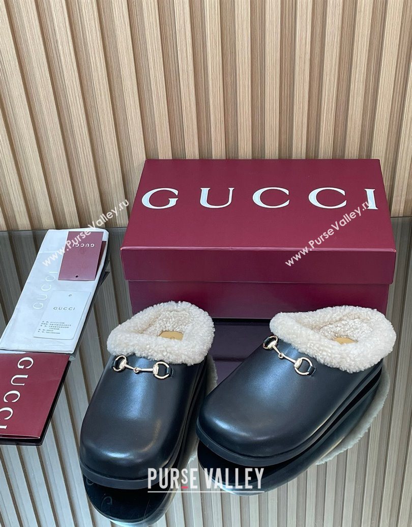 Gucci Leather and Wool Flat Mules with Horsebit Black 2025 836057 (MD-251020002)