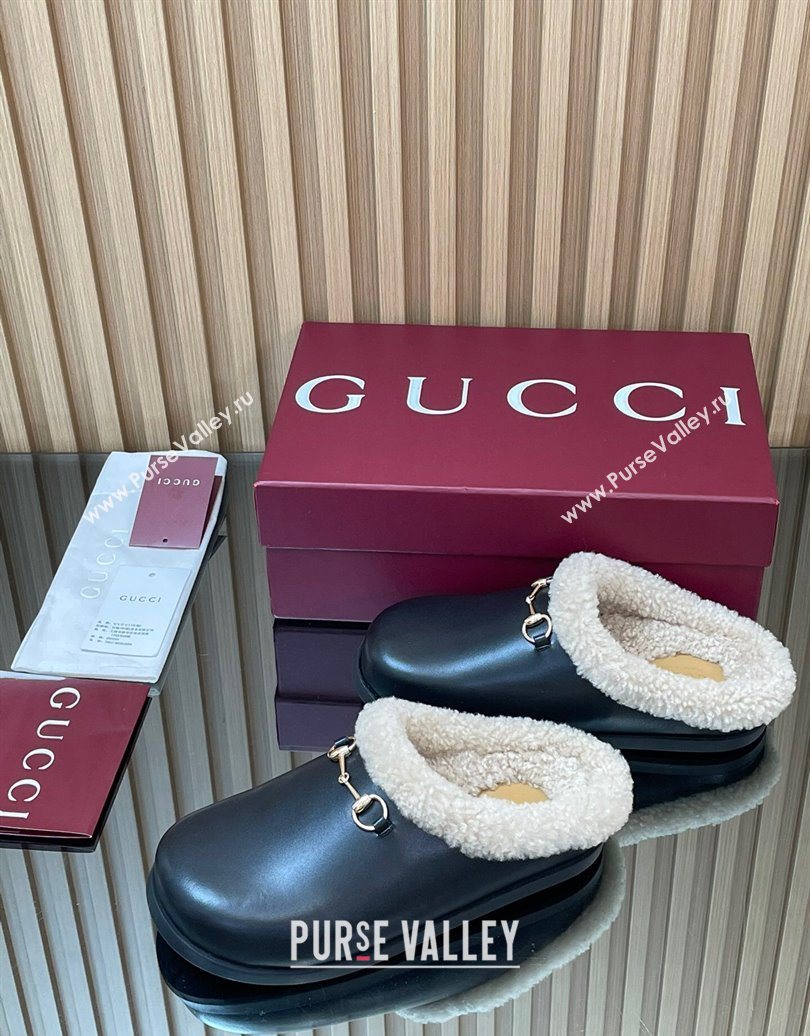 Gucci Leather and Wool Flat Mules with Horsebit Black 2025 836057 (MD-251020002)