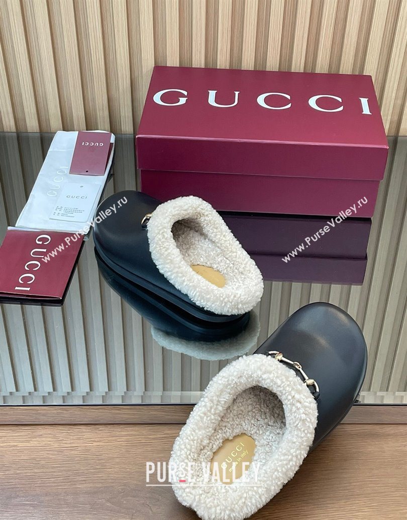 Gucci Leather and Wool Flat Mules with Horsebit Black 2025 836057 (MD-251020002)