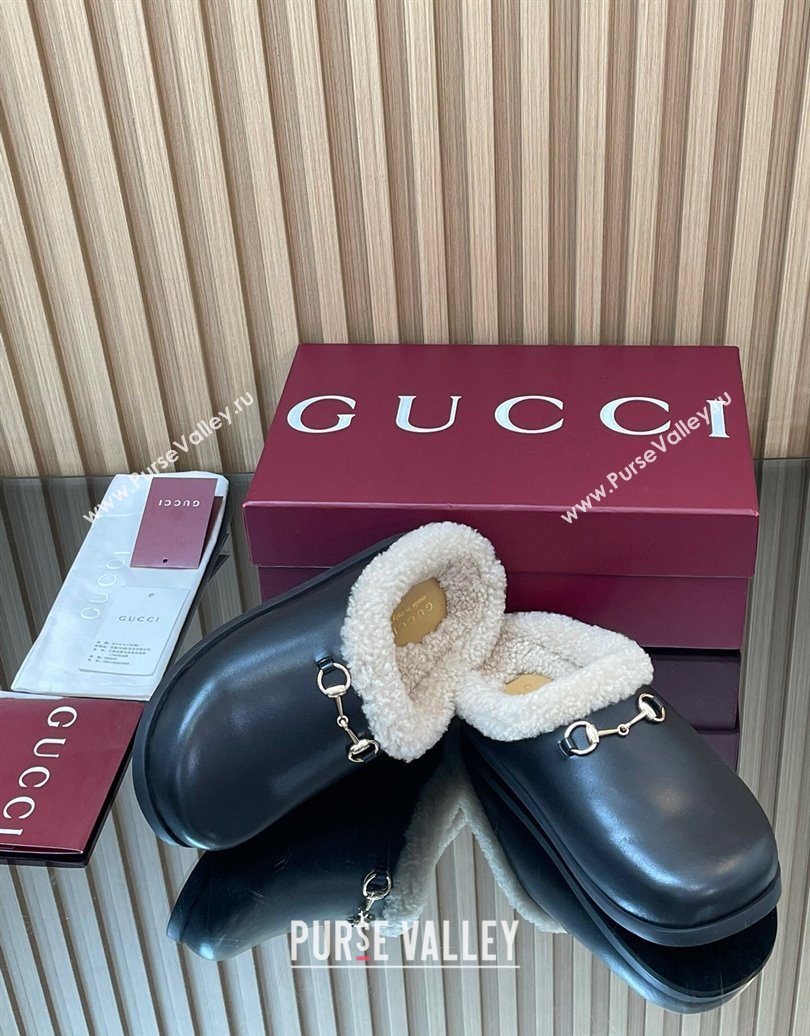Gucci Leather and Wool Flat Mules with Horsebit Black 2025 836057 (MD-251020002)